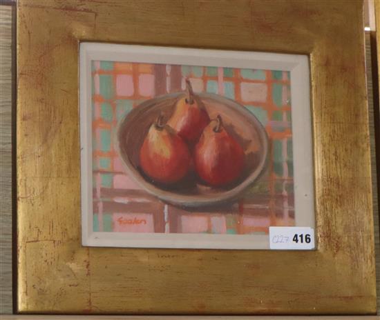 Delny Goalen, oil on canvas, Still life of pears in a bowl, signed, 19 x 24cm